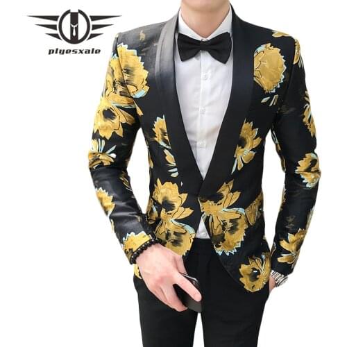 Gold White Flower Printed Floral Blazer Men Autumn Slim Fit Mens Casual Blazer Jacket Man Prom Party Stage DJ Blazers Q781