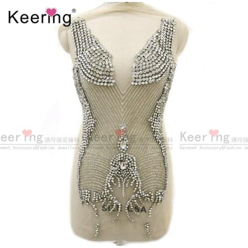 Hand-made shining silver beaded rhinestone bodice panel for wedding dress WDP-065