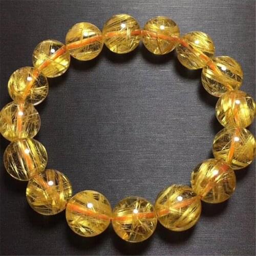 12mm Natural Gold Rutilated Quartz Bracelet Jewelry For Women Men Wealth Luck Gift Crystal Round Beads Stretch Strands AAAAA