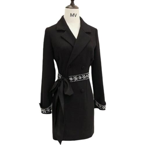 Brand Fashion Women High Luxury Autumn Thinner Eaded Temperament Waist Strap Midi Suit Blazer Coat