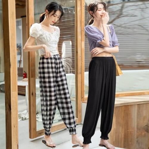 Summer thin Cool High Waist trousers plus size Loose Elastic waist Ice silk lattice dots Bloomers womens pants