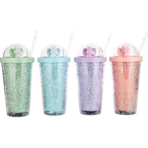 550ml Double Layer Quicksand Straw Cup , Micro Landscape Cover Water Bottle Plastic , Camp Straw Cup Travel Portable Leakproof