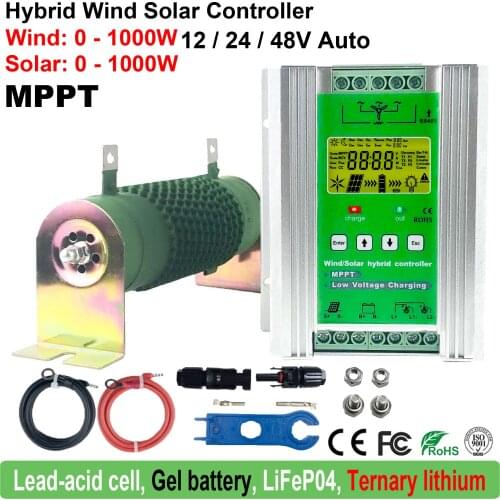 1000W MPPT Hybrid Wind Solar Charge Discharge Booster Controller Regulator Dump Load For 12V 24V Lead acid Battery Wind Turbine