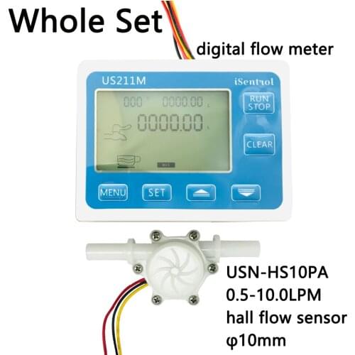US211M Flow Meter Display with USN-HS10PA Hall Flow Sensor Measurement 0.5-10L/min Range 10mm OD quick plug iSentrol Saier