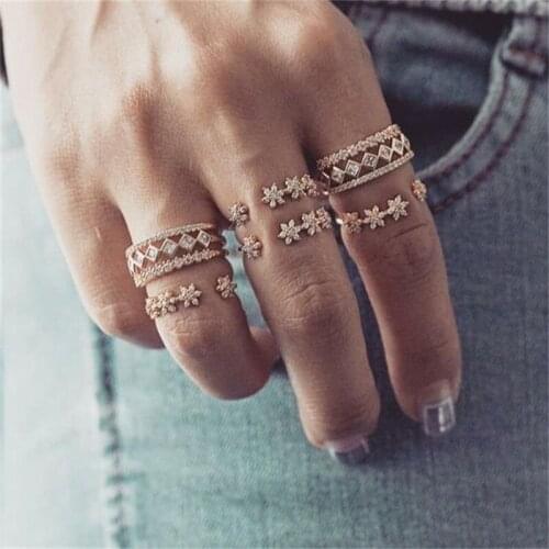 6 Pcs/Set Fashion Women Rings Set Gold Color Star Crystal Geometric Open Finger Joint Ring Set Beach Party Jewelry Lover Gift