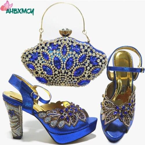 Royal Blue Color Shoes and Bag Set for Evening Dress High Quality Decorate with Rhinestone with Platform for Wedding Party