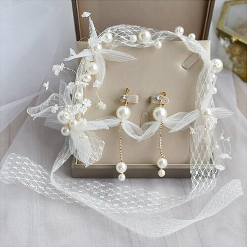 New white lace pearls headband women beach women girls brides headdress wedding studio earrings