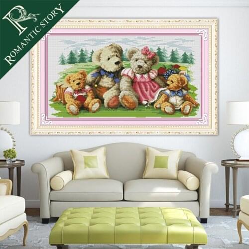 Romantic Story Lovely Teddy Bear Family Cartoon Cross Stitch Needlework DIY 11CT Printing Cross Stitch Sets For Embroidery Kits