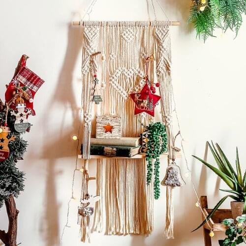 Nordic Hand Woven Tapestry Macrame Wooden Floating Shelf Wall Hanging Shelves Farmhouse Apartment Decor Bohemian Home Decorative