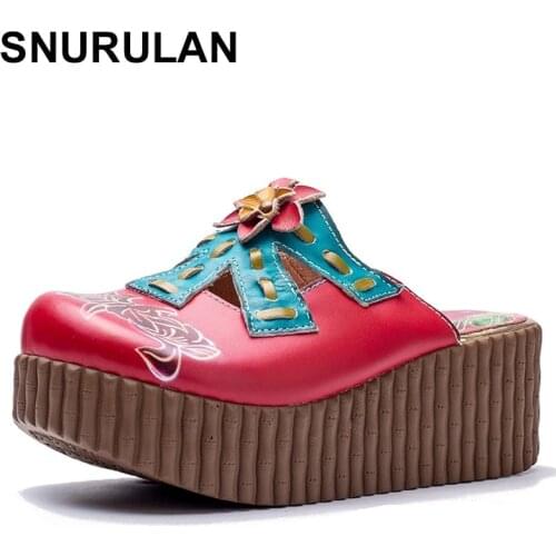 SNURULAN 2021 Folk style Head layer cowhide pure handmade Carved shoes,the retro art mori girl shoes,Womens casual slippers