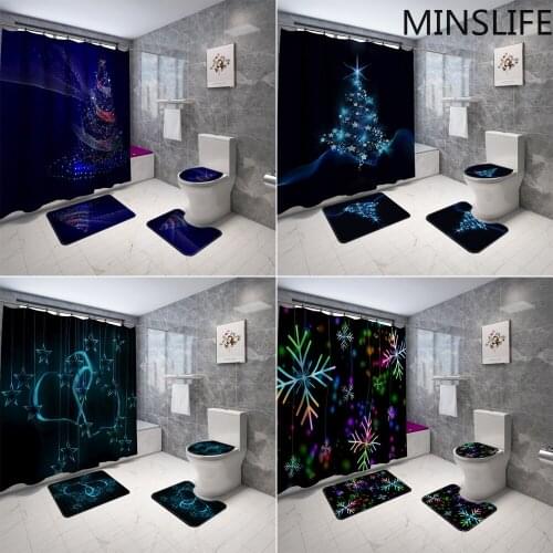 Glowing Christmas Tree and Snowflake Shower Curtain Set with Anti Slip Toilet Mat Rug Carpet Bath Products Bathroom Home Decor