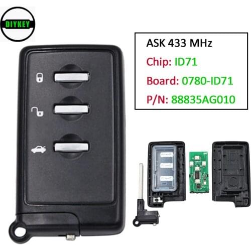 DIYKEY Smart Remote Key 3button 433MHz ID71 271451-0780 DENSO 14ACA for Subaru Forester Impreza Legacy 2007-2014 P/N: 88835AG010