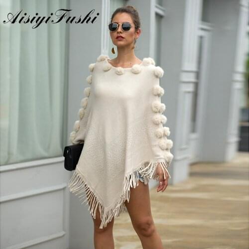 Knitted Cloak Sweater Shawl Outwear Warm Tassel Shawl Hairball Knitted Women Casual Loose Poncho Cape Coat Cloak Knitting Shawl