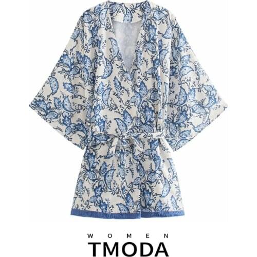 TMODA1583 Za Women Vintage Totem Floral Print Hem Tassel Kimono Blouse Female Batwing Sleeve Bow Sashes Shirts Chic Blusas Tops