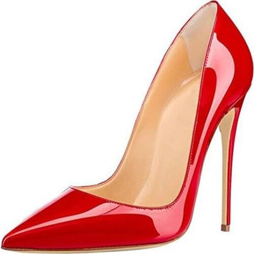 Plus Size 35-44 Women Pumps Red Lacquer Patent Leather High Heels Shoes for Wedding Party Sexy Stiletto Heels Pointed Toe 12cm