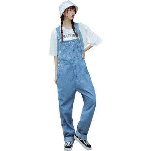 Ladies Denim Overalls High waist Loose Denim Bib Female Retro Port Wind Wide Leg Suspender Jumpsuit / Light Blue Overalls
