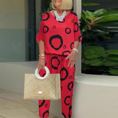 Two Piece Sets Women 2021 Casual Autumn Print Shirt Pullover and Elastic Waist Pants Suits Vintage Half Sleeve Loose Lady Outfit