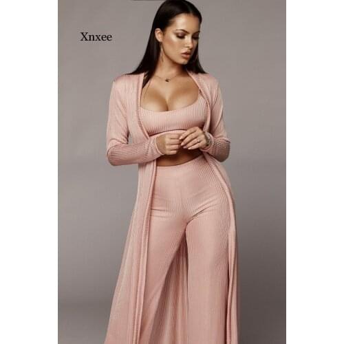 3 Piece Set Women Bandage Lace Up Long Sleeve Cardigan Coat Loose Wide Leg Pants Tube Top 3 Piece Set for Female Womens Suits