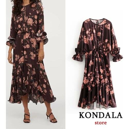 KONDALA 2020 women Lotus leaf retor floral print midi dress long sleeve drawstring tie waist female casual dresses vestidos