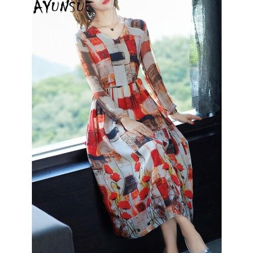 AYUNSUE 100% Silk Dress Woman Beach Vintage Floral Elegant Dress Female Casual Boho Long Dresses for Women Spring Summer 2021