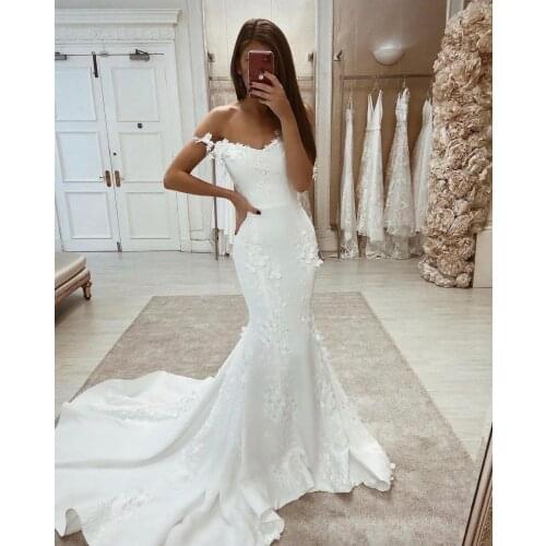 Sexy Mermaid Wedding Dresses Lace With Embroidery Elegant Strapless Puff Sleeve Bride Dresses Appliques With Plus Size Train