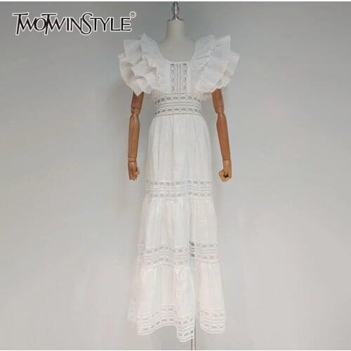 TWOTWINSTYLE Vintage Patchwork Cut Out Dress Female Square Collar Lace Up Gathered Waist Slim Dresses For Women Style 2021 New