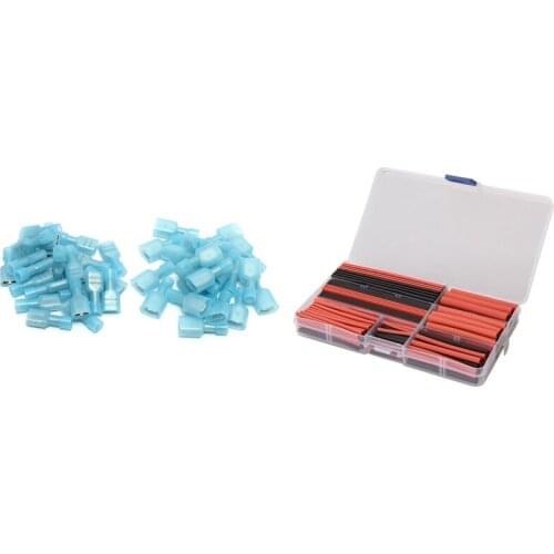 150Pcs 2:1 Black Red Polyolefin Heat Shrink Tubing Tube & 50Pcs Female & Male Fully Insulated Wire Terminals Connector