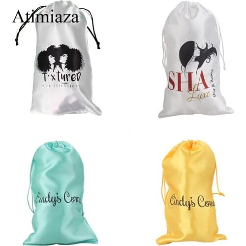 20 pcs Silk Custom Wig Bags Satin Packaging Bags for Wigs Bundles Hair Extensions Black White Silk Satin Pouches with Drawstring