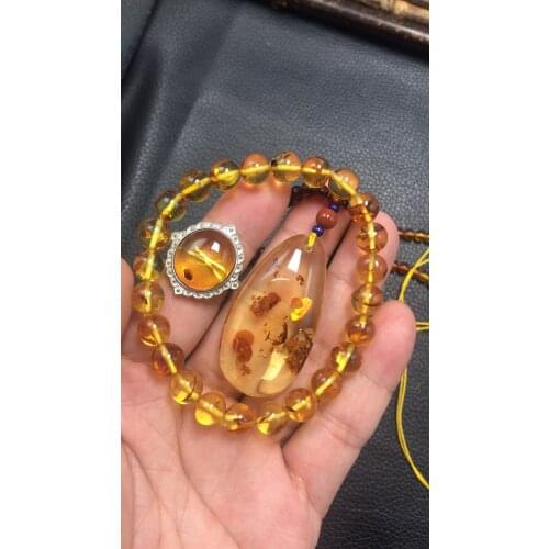 202011 Natural Amber Flower Amber Bead Bracelet Ring Pendant Necklace 3-piece set s925 sterling silver inlay jewerly anillo takı