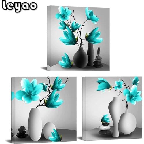 3Pcs Flower Wall Art Elegant Black Teal Magnolia Picture Diy 5d Diamond Painting Home Decor Zen Stones Spring Floral Blossom
