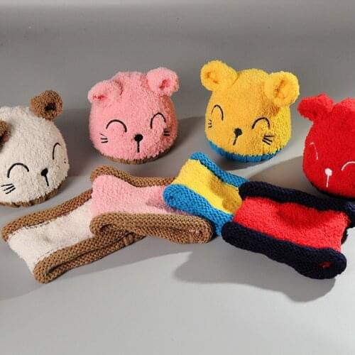 Kids Winter Wool Knitted Cat Hats Baby Girls Shawls Hooded Cowl Beanie Caps Scarf