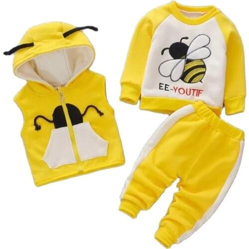 1 2 3 4 Years Cute Bee Autumn Winter Baby Girls Clothing Set Hooded Vest + Sweater +Pants 3Pcs Little Princess Suit Kids Clothes
