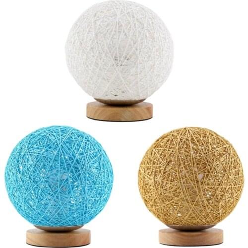 Creative Wood Rattan Ball Bedside Table Lamp with Hand Knitted Lampshade Bedroom Decorative Bedside Lamp for Bedroom Living Room