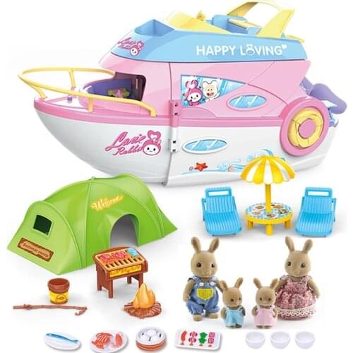 Dollhouse Furniture Cruise Ship Pretend Play Forest Rabbit Family Dolls PlayHouse Toy Child Simulation Boat Model Girls Xmas