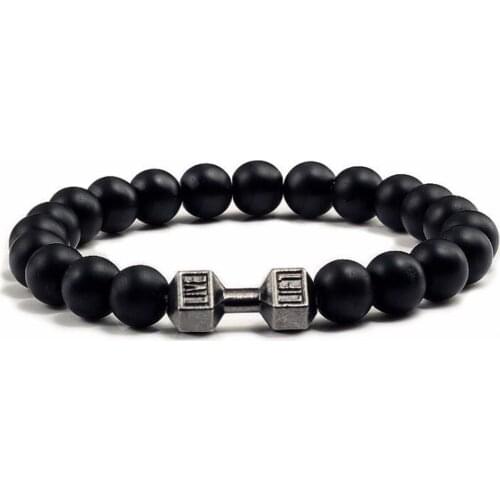 Natural Black Volcanic Lava Stone Dumbbell Bracelet Black Matte Beads Bracelets For Women Men Fitness Barbell Jewelry Pulseras