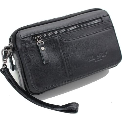 Norbinus 100% Genuine Leather Cowhide Men Clutch Bag Male Wrist Handbag Double Zippers Purse Wallet Cell Phone Cash Card Holder