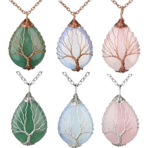 Natural Quartz Opal Stone Pendants Handmade Rose Gold Color Handmade Tree of Life Wrapped Drop Shaped Crystal Pendant Necklace