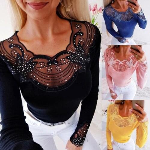 Sexy Women Long Sleeve See Through Beads Decor O Neck Waist Tight Sliming Blouse Top