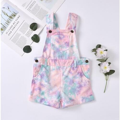Toddler Baby Girls Suspender Pants Tie-dye Printing Sleeveless Outfits Casual Square Collar One-piece Clothing New Style 2021