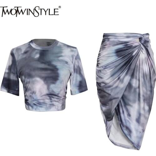 TWOTWINSTYLE Tie Dye Two Piece Set Women Round Neck Short Sleeve T Shirts High Waist Irregular Midi Skirt Slim Womens Suit 2021
