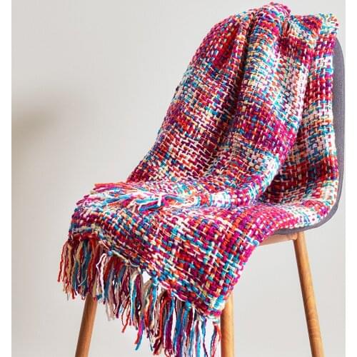 Knitted Blanket Colorful Waffle Blanket Bohemia Decorative Blanket for Sofa Bed Throw Chunky Knit Throw Blanket with Tassels