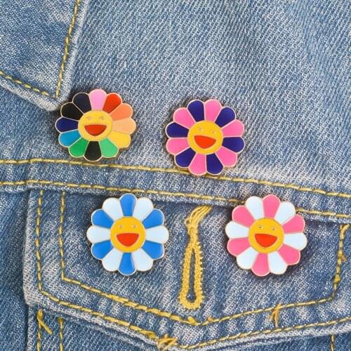 AWAYTR Colorful Sun Flower Smiley Enamel Pin Brooches Womens Jewelry Cute Brooch Pin for Female Hat Clothing Accessories