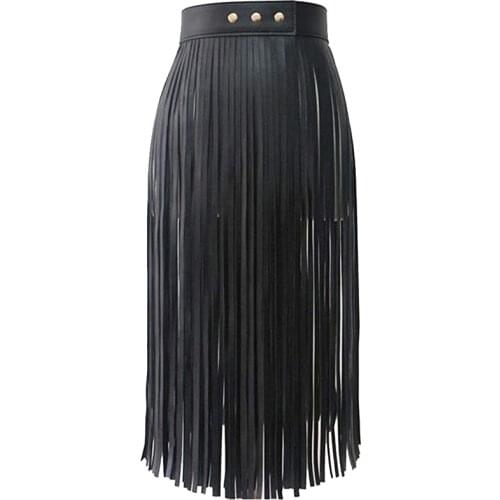 Womens Tassels Leather Skirt Summer Fashion Adjusted PU Long Fringe Skirt Belts Black