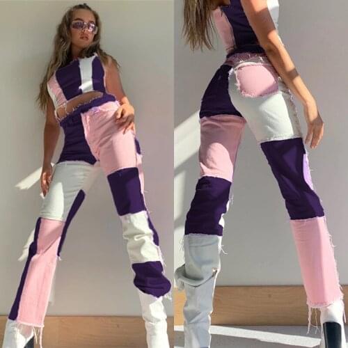 2020 New Streetwear Jeans For Women High Waist Hip Hop Straight Denim Trousers Patchwork Design Causal Ladies jean Pants Femme