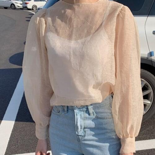 Long-sleeved womens shirts, womens retro tops, new mesh tops, slightly transparent see-through sexy tops, Blusa and tops 14339