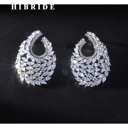 HIBRIDE Brilliant New Feather Design Cubic Zircon Women Girl Beauty Stud Earrings Accessories Brincos Jewelry Party Gifts E-931