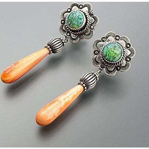 Retro Style Archaic Color Boho Earring Green Resin Flower Long Drop Earrings For Women Ear Accessories Fine Jewelry 2020 03D494