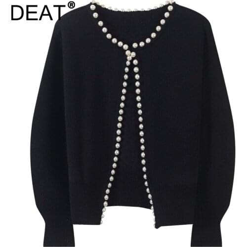 DEAT Woman Sweater Knitted Cardigan Oversized Pearls Round Collar Batwing Sleeve Casual Style 2021 Korean New Autumn 15XM288