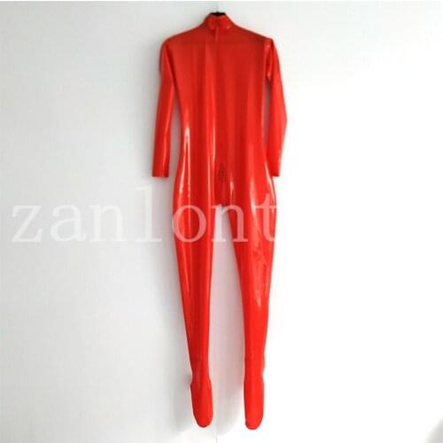 Women sexy lingerie handmade red front bow-knot latex catsuits cekc jumpsuit shoulder zipper entrence crotch zipper with socks
