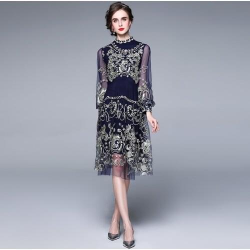 High-end Mesh Embroidery French Dress Women Vintage Knee-Length STAND Collar Summer Dresses Vestidos Largos De Verano Para Mujer